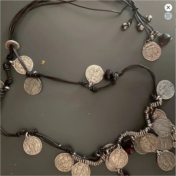 UNO de 50 long necklace with coins and beads on brown leather rope - Picture 3 of 6